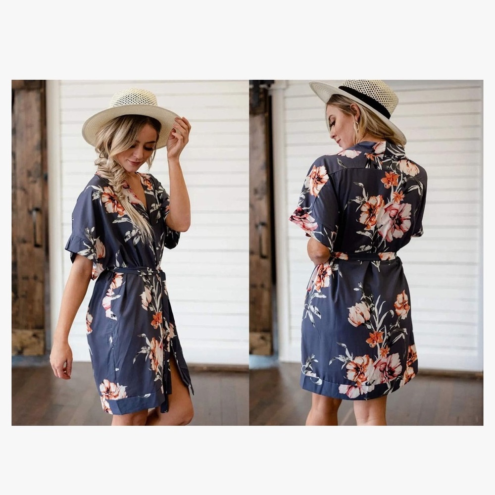 New Blue GREY FLORAL LOOSE FIT Mini Dress With Belt